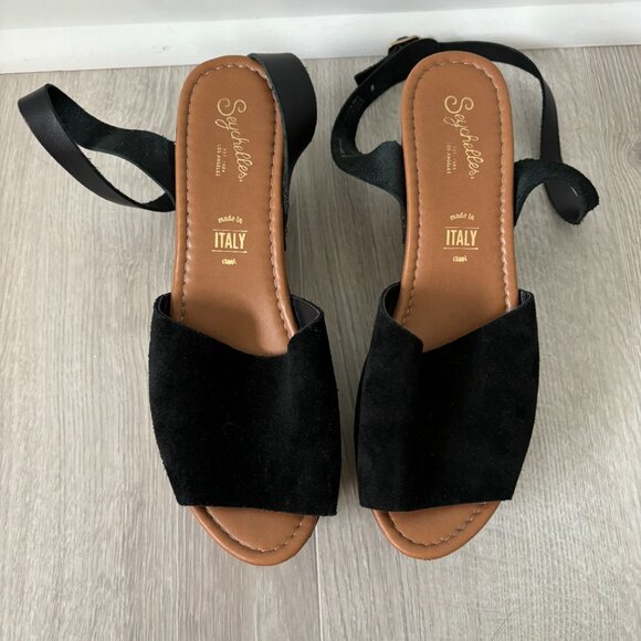 Seychelles Open Toe Wedge - Black Suede and Brown Wood-like - Picture 9 of 10